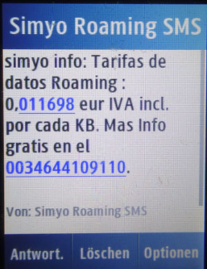 simyo prepaid SIM Karte Spanien, SMS Daten-Roaming Nachricht Andorra auf einem Samsung GT–C3300K