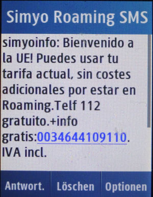 simyo prepaid SIM Karte Spanien, SMS Roaming Nachricht Italien auf einem Samsung GT–C3300K
