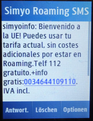 simyo prepaid SIM Karte Spanien, SMS Roaming Nachricht Portugal auf einem Samsung GT–C3300K