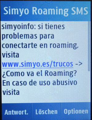 simyo prepaid SIM Karte Spanien, SMS Daten-Roaming Nachricht Portugal auf einem Samsung GT–C3300K