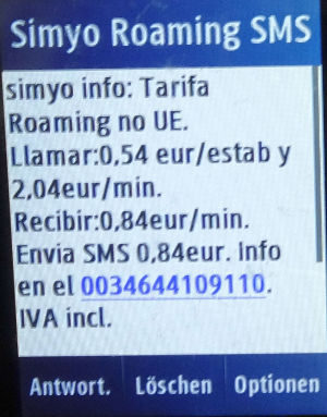 simyo prepaid SIM Karte Spanien, SMS Roaming Nachricht Schweiz auf einem Samsung GT–C3300K