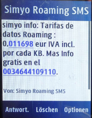 simyo prepaid SIM Karte Spanien, SMS Daten-Roaming Nachricht Schweiz auf einem Samsung GT–C3300K