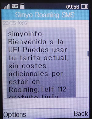 simyo prepaid SIM Karte Spanien, SMS Roaming Nachricht Luxemburg auf einem Alcatel 2051X