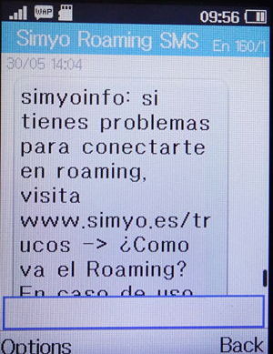 simyo prepaid SIM Karte Spanien, SMS Daten-Roaming Nachricht Luxemburg auf einem Alcatel 2051X