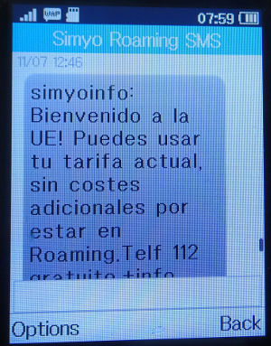 simyo prepaid SIM Karte Spanien, SMS Roaming Nachricht Frankreich auf einem Alcatel 2051X