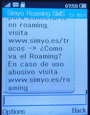 simyo prepaid SIM Karte Spanien, SMS Daten-Roaming Nachricht Frankreich auf einem Alcatel 2051X