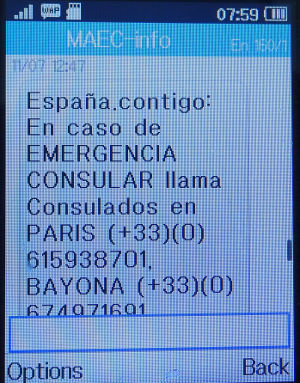 simyo prepaid SIM Karte Spanien, SMS Botschaft Frankreich auf einem Alcatel 2051X