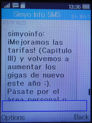 simyo prepaid SIM Karte Spanien, SMS Tarif Info November 2019 auf einem Alcatel 2051X
