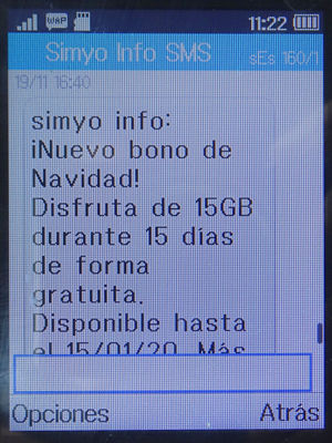 simyo prepaid SIM Karte Spanien, SMS Nachricht Weihnachtspaket 15 GB 2019 auf einem Alcatel 2051X