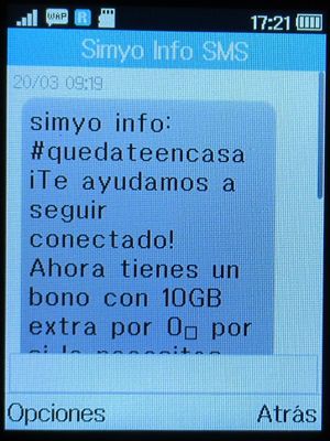 simyo prepaid SIM Karte Spanien, SMS COVID-19 März 2020 Aktion 10 GB auf einem Alcatel 2051X