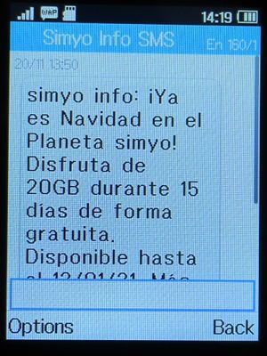 simyo prepaid SIM Karte Spanien, Datenpaket Weihnachten Aktion 2020 SMS Info auf einem Alcatel 2051X