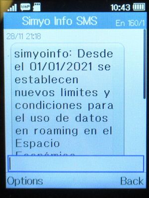 simyo prepaid SIM Karte Spanien, Daten Roaming ab 2021 SMS Info auf einem Alcatel 2051X