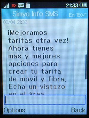 simyo prepaid SIM Karte Spanien, neue Tarife April 2021 SMS Info auf einem Alcatel 2051X