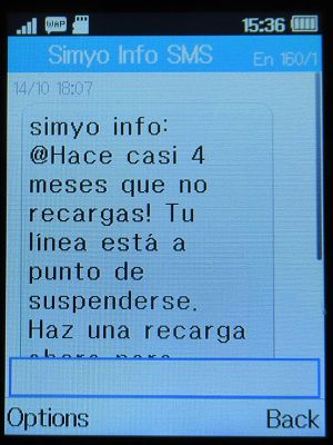 simyo prepaid SIM Karte Spanien, Warnung vor Abschaltung Mitte Oktober 2021 auf einem Alcatel 2051X