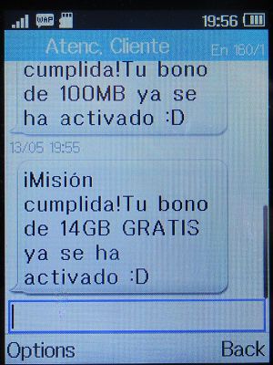 simyo prepaid SIM Karte Spanien, SMS Buchungsbestätigung Gratis 14 GB Internet Paket zum 14. Geburtstag von simyo auf einem Alcatel 2051X