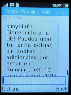 simyo prepaid SIM Karte Spanien, SMS Hinweis zum Roaming Tarif, Polen  im Juni 2022 auf einem Alcatel 2051X