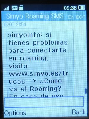 simyo prepaid SIM Karte Spanien, SMS Hinweis Hilfe zu Daten Roaming Problemen, Polen  im Juni 2022 auf einem Alcatel 2051X