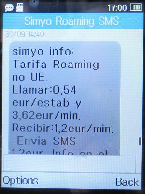 simyo prepaid SIM Karte Spanien, SMS Hinweis zum Roaming Tarif, Gibraltar im September 2022 auf einem Alcatel 2051X