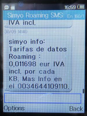 simyo prepaid SIM Karte Spanien, SMS Hinweis Daten Roaming Kosten, Gibraltar im September 2022 auf einem Alcatel 2051X