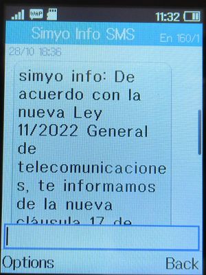 simyo prepaid SIM Karte Spanien, SMS Info zu Gesetzesänderungen Telekommunikation Spanien 2022 auf einem Alcatel 2051X