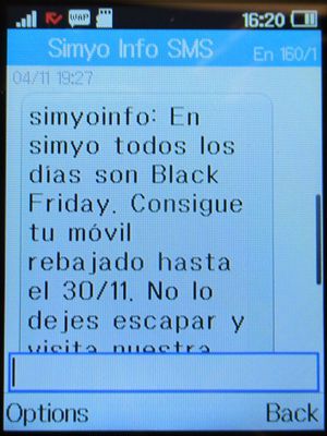 simyo prepaid SIM Karte Spanien, SMS Info zu Black Friday Angeboten 2022 auf einem Alcatel 2051X