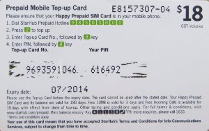 StarHub Green, prepaid SIM Karte, Prepaid Top–Up Karte Rückseite
