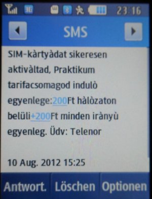 telenor prepaid SIM Karte Ungarn, SMS Aktivierungsmitteilung