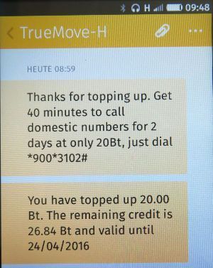 TrueMove H Manchester United prepaid SIM Karte, Bestätigung Aufladung auf einem ZTE Open C Smartphone mit Firefox Betriebssystem