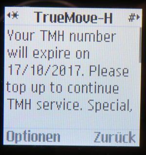 TrueMove H Manchester United prepaid SIM Karte, SMS zur Deaktivierung auf einem Samsung GT–E1170