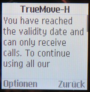 TrueMove H Manchester United prepaid SIM Karte, SMS zur Aktivitätsende auf einem Samsung GT–E1170