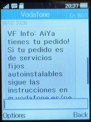 Vodafone Prepago S, prepaid SIM Karte, Spanien, SMS Sendung zugestellt auf einem Alcatel 2051X