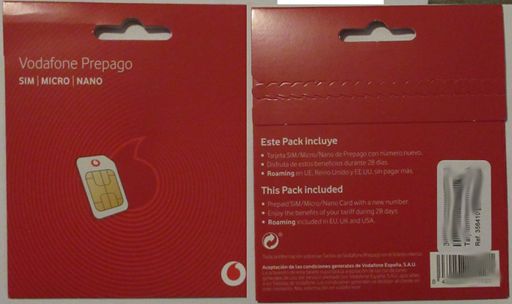 Vodafone Prepago S, prepaid SIM Karte, Spanien, Starterpaket Vorder– und Rückseite