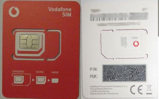 Vodafone Prepago S, prepaid SIM Karte, Spanien, SIM Karte im Kunststoffhalter Vorder- und Rückseite