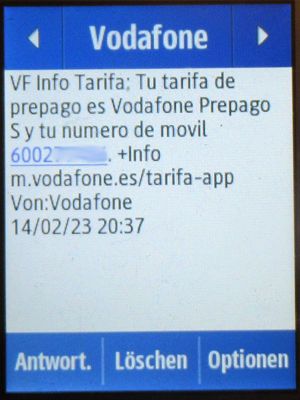 Vodafone Prepago S, prepaid SIM Karte, Spanien, SMS Tarif Info und Rufnummer auf einem Samsung Rex80 GT-S5220R