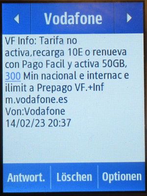 Vodafone Prepago S, prepaid SIM Karte, Spanien, SMS Info Aktivierung SIM Karte auf einem Samsung Rex80 GT-S5220R