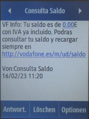 Vodafone Prepago S, prepaid SIM Karte, Spanien, SMS Kontostand Info auf einem Samsung Rex80 GT-S5220R
