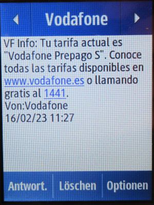 Vodafone Prepago S, prepaid SIM Karte, Spanien, SMS Tarif Info auf einem Samsung Rex80 GT-S5220R