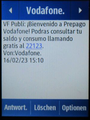 Vodafone Prepago S, prepaid SIM Karte, Spanien, SMS Willkommen bei Prepago Vodafone! auf einem Samsung Rex80 GT-S5220R
