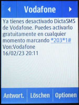 Vodafone Prepago S, prepaid SIM Karte, Spanien, SMS Info Deaktivierung DictaSMS auf einem Samsung Rex80 GT-S5220R