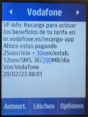 Vodafone Prepago S, prepaid SIM Karte, Spanien, SMS Info Standardtarif auf einem Samsung Rex80 GT-S5220R
