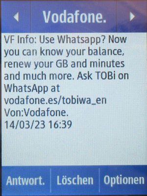 Vodafone Prepago S, prepaid SIM Karte, Spanien, SMS Werbung für Whatsapp auf einem Samsung Rex80 GT-S5220R