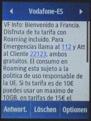 Vodafone Prepago S, prepaid SIM Karte, Spanien, Roaming Info Frankreich auf einem Samsung Rex80 GT-S5220R