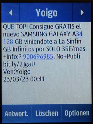 Vodafone Prepago S, prepaid SIM Karte, Spanien, Werbung SMS von Yoigo auf einem Samsung Rex80 GT-S5220R