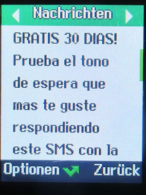 Vodafone Prepago S, prepaid SIM Karte, Spanien, Klingeltöne Werbung SMS auf einem Logicom Le Posh 178