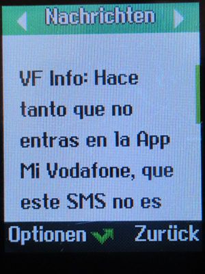 Vodafone Prepago S, prepaid SIM Karte, Spanien, VF App Werbung SMS auf einem Logicom Le Posh 178
