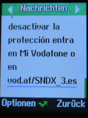 Vodafone Prepago S, prepaid SIM Karte, Spanien, SMS Warnung Secure Net Ende Gratis Probezeit auf einem Logicom Le Posh 178