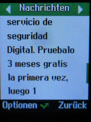 Vodafone Prepago S, prepaid SIM Karte, Spanien, Werbung neue Secure Net Gratis Probezeit SMS auf einem Logicom Le Posh 178