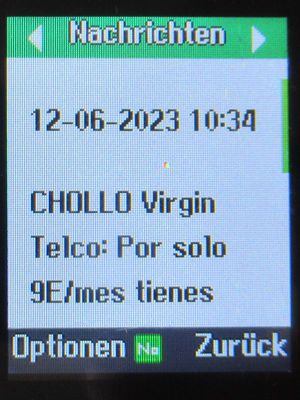 Vodafone Prepago S, prepaid SIM Karte, Spanien, Werbung SMS von VirginTelco auf einem Logicom Le Posh 178