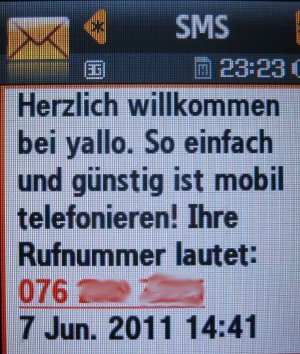 yallo prepaid SIM Karte Schweiz, Willkommens SMS mit eigener Rufnummer