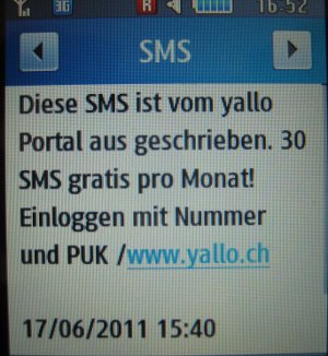 yallo prepaid SIM Karte, Schweiz, SMS Versand vom Online Portal